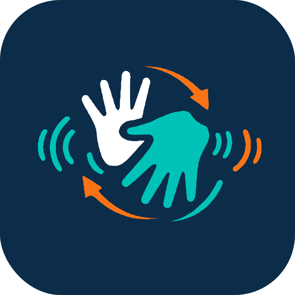 Símbolo SignGloves com mãos, ondas de voz e setas bidirecionais