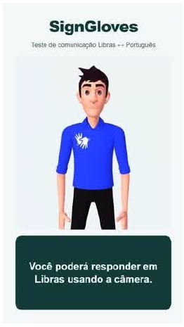 Frame do material de convite do teste do MVP, com avatar em Libras e instruções para uso da câmera